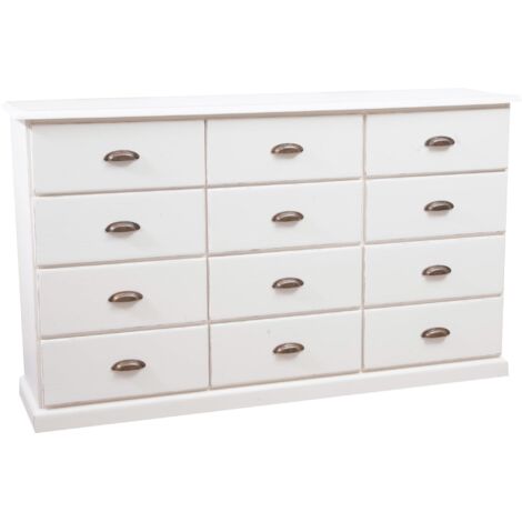 Cassettiera Legno massello Tiglio Bianca Anticata 170x40x100 cm Cassettiera shabby chic Credenza vintage Cassettiera 12 cassetti
