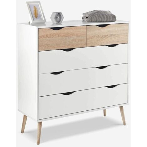 AHD AMAZING HOME DESIGN Cassettiera moderna stile scandinavo bianco rovere 5 cassetti Kiricap