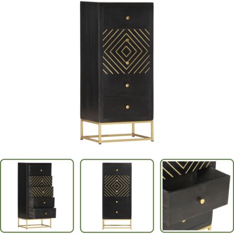 Cassettiera nero e oro -  Cassettiera Nero e Oro 45x30x105 cm in Legno Massello di Mango