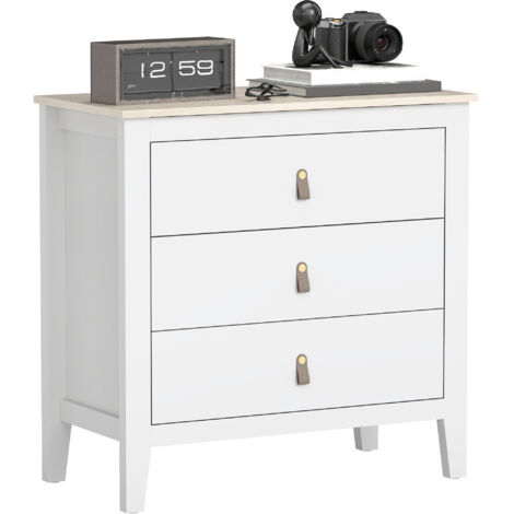 Cassettiera per Camera da Letto a 3 Cassetti 80x40x78,5 cm con Maniglie in Finta Pelle in Legno Bianco