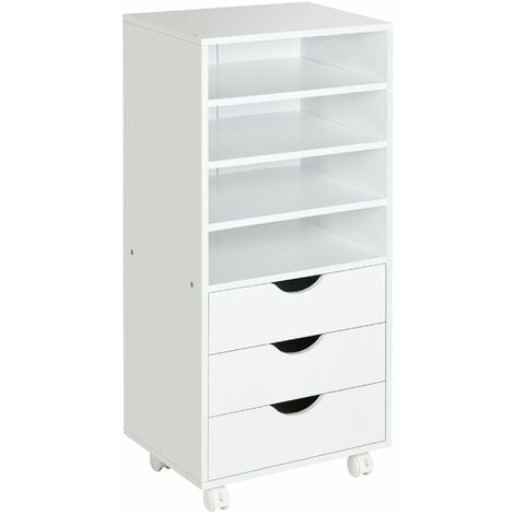 Cassettiera Per Ufficio Con Ruote 3 Cassetti 4 Ripiani In Legno 40x30x83 Cm Bianco