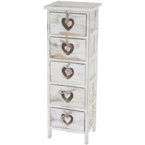 Cassettiera piccola 5 cassetti con motivo a cuori 86x29x25 cm in legno di paulownia stile vintage bianco 040002478