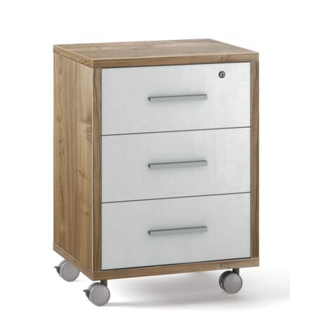 Cassettiera Ruote Mobile Noce Bianco 3 Cassetti con Chiave Ufficio Legno