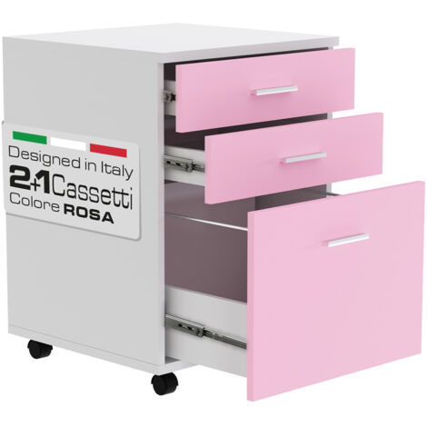 Cassettiera Scrivania Ufficio Legno MDF Mobiletto Stampante 3 Cassetti Rosa