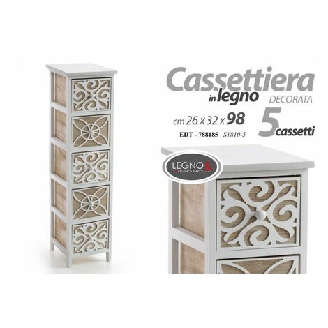 Cassettiera stretta 5 cassetti in legno cm 26 x 32 x 98 h
