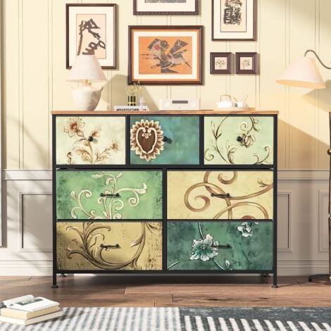 TANANT Cassettiere 100 cm - Cassettiere da camera con 7 cassetti e maniglie nere, motivo vintage, struttura in metallo nero, adatta per soggiorno e camera da letto - Verde