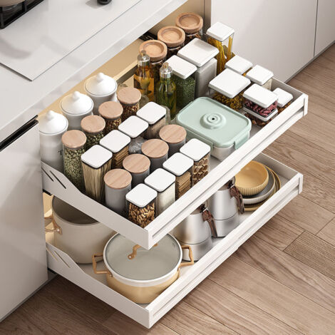 Cassetto Scorrevole Telescopico per Cucina, Espandibile Cassetto Armadietto Organizzatore, Scaffale Cassetto di Stoccaggio Armadio Sotto Lavello, Non Vite/Punzoni, Larghezza Regolabile - Bianco