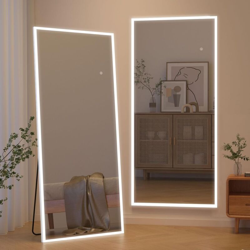 Cassilando - 165 x 60 cm Miroir pleine longueur de avec lumières led, miroir de sol sur pied, miroir mural, couleur variable et réglage de la