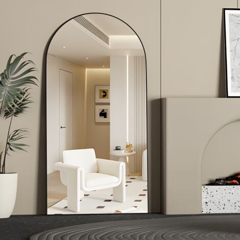 CASSILANDO Arc Miroir pleine longueur, miroir de sol 180 x 80 cm, miroir de sol autoportant sur toute la longueur avec support pour chambre à coucher, miroir suspendu pour salon, vestiaire, noir
