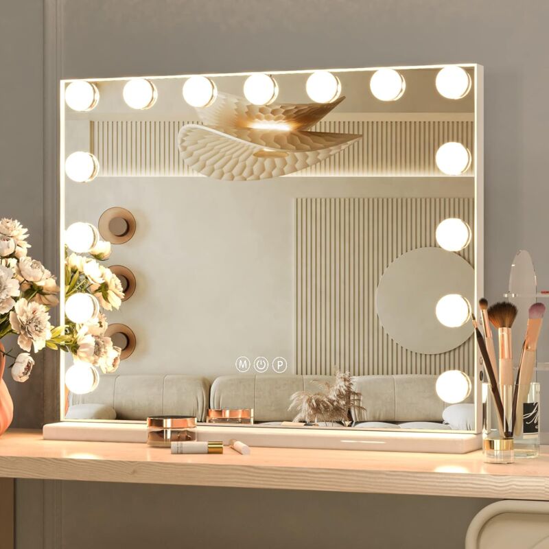 Cassilando - Miroir de maquillage Hollywood avec 15 ampoules led, 3 modes d'éclairage couleur, luminosité réglable, port usb, commande tactile