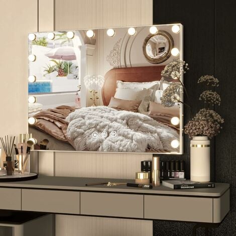CASSILANDO Hollywood Miroir de courtoisie avec lumières, miroir de maquillage avec 18 ampoules LED, 3 modes d'éclairage couleur, port USB, contrôle tactile intelligent, haut-parleur Bluetooth