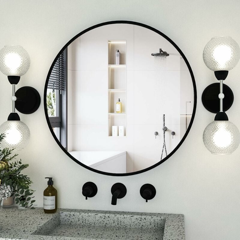 CASSILANDO Miroir circulaire noir, miroir mural rond de 80cm, grand miroir de salle de bain, miroir de courtoisie mural sur évier pour salon,