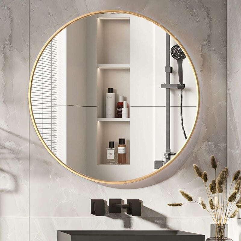 Cassilando - Miroir circulaire doré, miroir mural rond de 80cm, grand miroir de salle de bain, miroir de courtoisie mural sur évier pour salon,