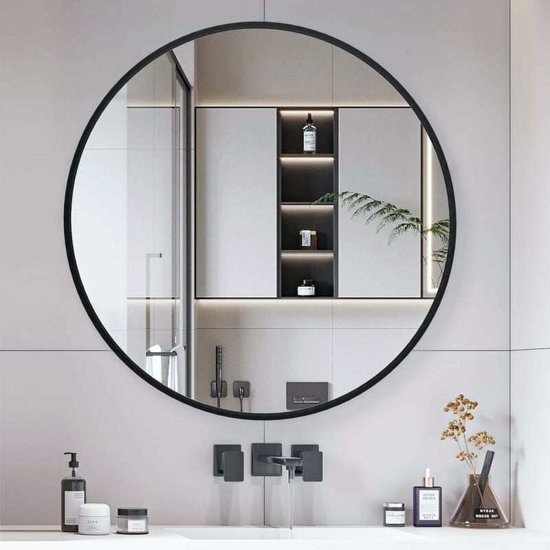 Cassilando - Miroir circulaire noir de 70cm, miroir mural rond, grand miroir de salle de bain, miroir de courtoisie mural sur évier pour salon,