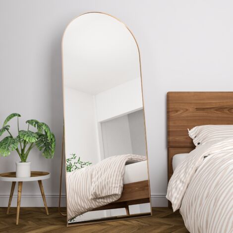 CASSILANDO Miroir en arc sur toute la longueur, miroir de sol, miroir de sol autoportant sur toute la longueur avec support pour chambre à coucher, miroir suspendu pour salon, vestiaire, doré