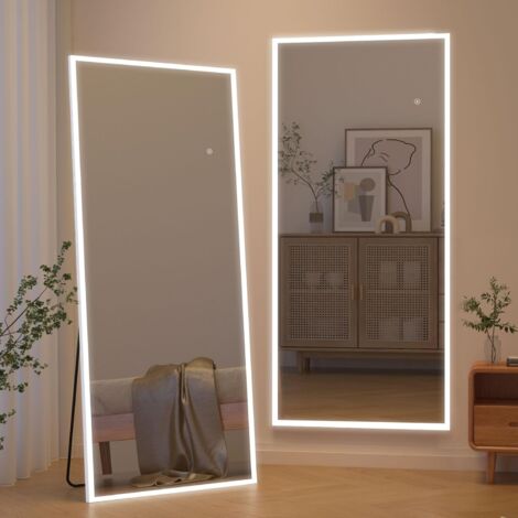 Cassilando – Miroir sur pied 165 x 60 cm avec lumières LED – Éclairage réglable – Cadre en aluminium – Verre haute définition – Support antidérapant