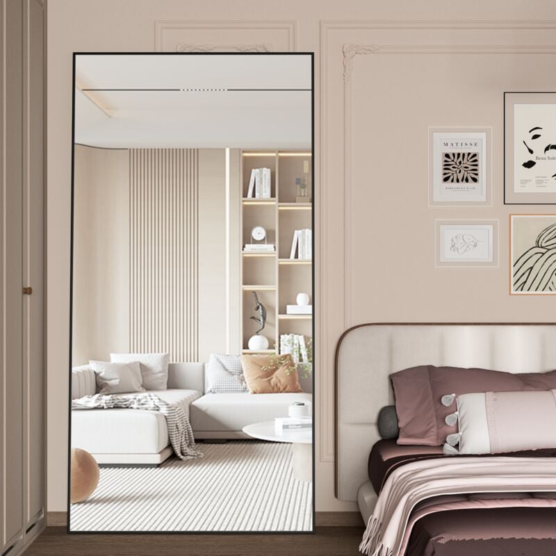 Cassilando - Miroir sur Pied 180x80cm, Grand Miroir de Sol Noir, Miroir sur Pied, Contre Le Mur pour Chambre à Coucher, Revêtement et Miroir Mural à