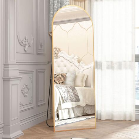 Cassilando – Miroir sur pied en arc 162 x 53 cm – Verre haute définition avec film anti-éclat – Cadre en métal doré – Support triangulaire