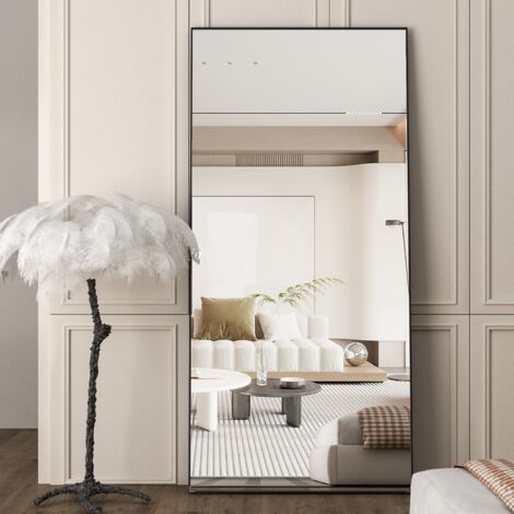 CASSILANDO Miroir sur Pied, Grand Miroir de Sol Noir, Miroir sur Pied, Contre Le Mur pour Chambre à Coucher, Revêtement et Miroir Mural à Cadre Mince, Noir