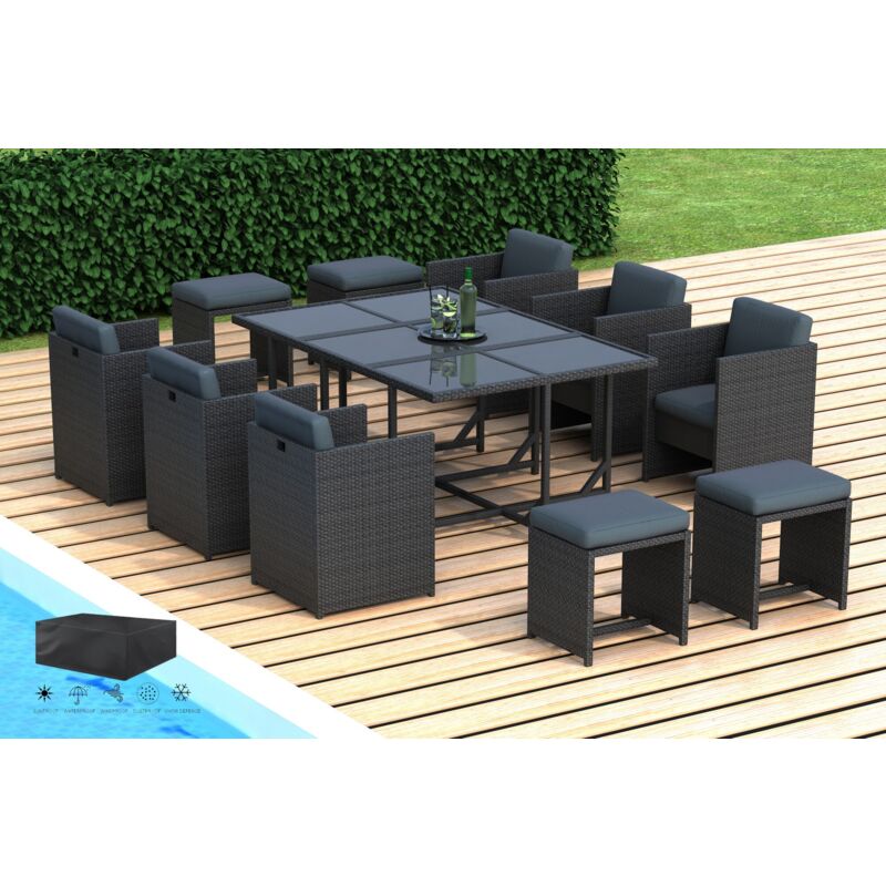 Hobag - cassis - Salon de jardin encastrable 10 places - en résine tressée - Noir avec coussins gris - housse incluse qualite premium garantie