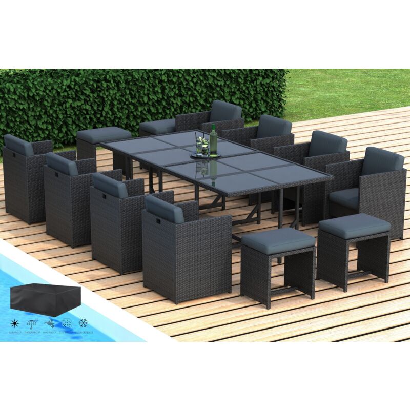 Cassis - Salon de jardin encastrable 12 places - en résine tressée - Noir avec coussins gris - housse incluse qualite premium garantie