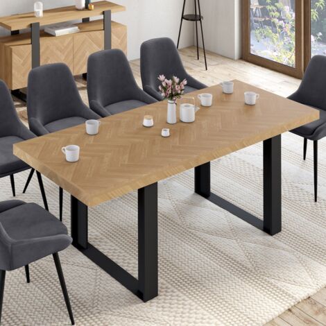 CASSIUS Mesa de comedor extensible rectangular para 6-10 personas con efecto espiga y patas negras 160-200 cm
