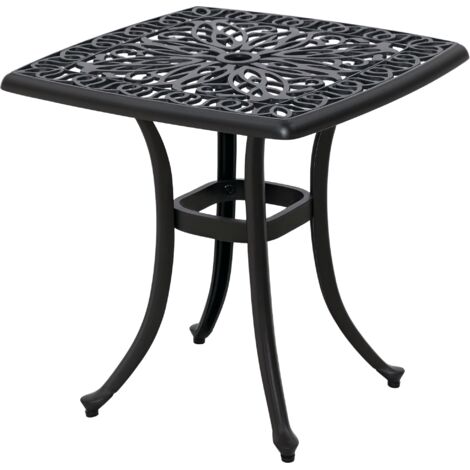 Cast Aluminium Bistro Table, Outdoor Square Side Table with Umbrella Hole, Garden Table for Balcony, Black