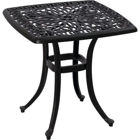 Cast Aluminium Bistro Table, Outdoor Square Side Table with Umbrella Hole, Garden Table for Balcony, Bronze Tone