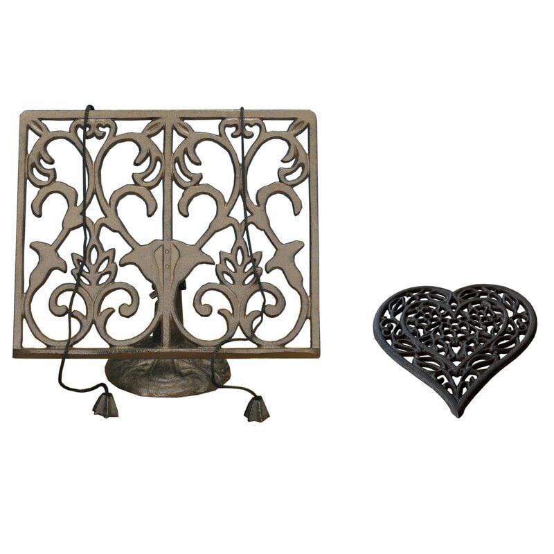 Cast Iron Recipe Book Stand And Heart Trivet Set