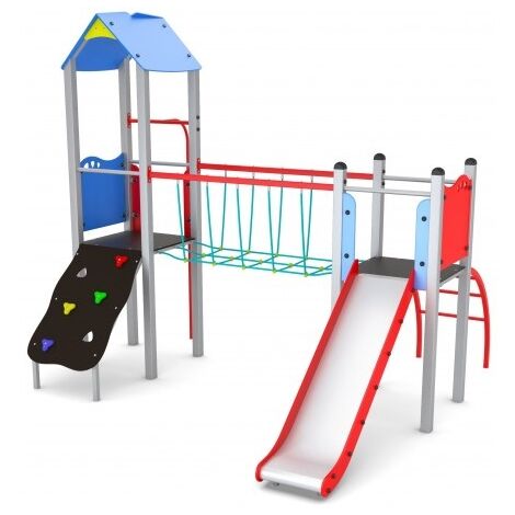Castello A Doppia Torre Con Scivolo, Gioco Per Parchi Completo Di Arrampicata E Scala A Pioli Curva E Pertica