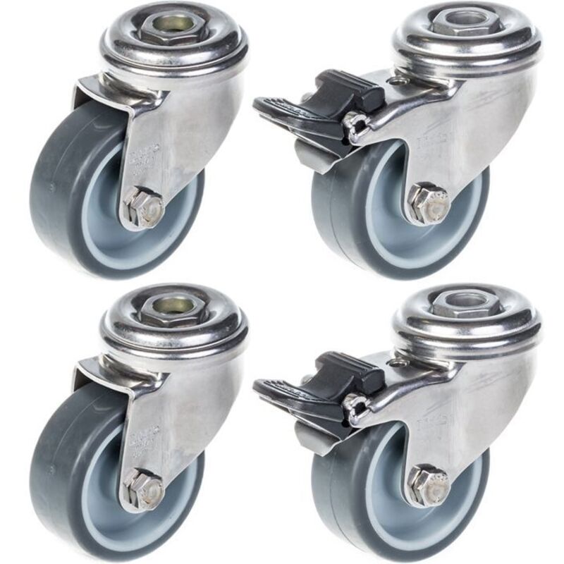 Casters - Construction Equipment - 50mm - Grey Rubber - Swivel - Brake - Set of 4