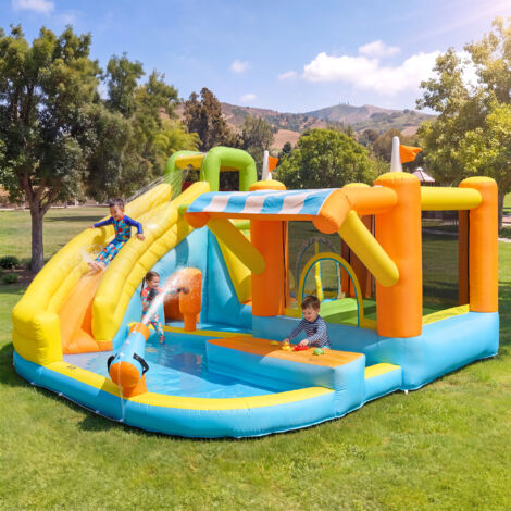 Castillo acuático hinchable infantil de 433x375x165 cm con tobogán, piscina infantil, soplador de 450 W, tela Oxford de colores.