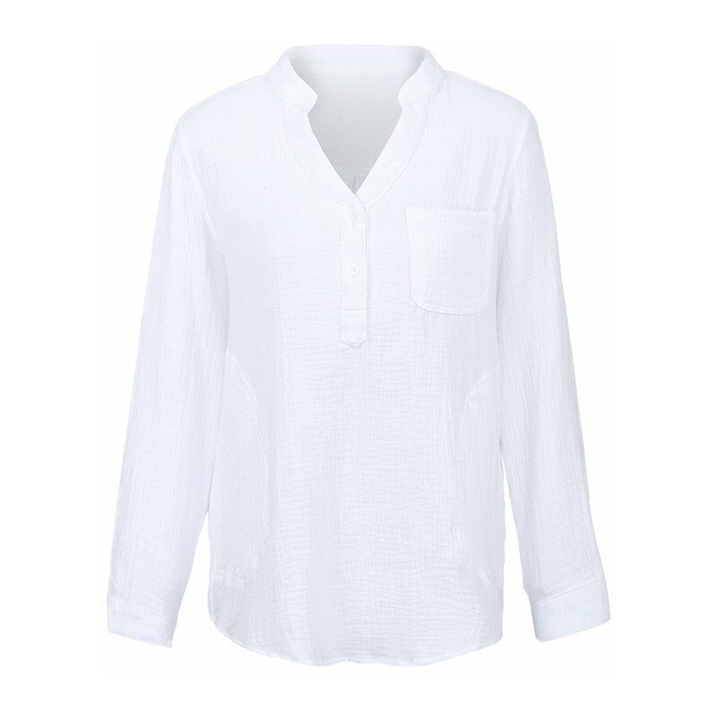 

Casual Mujer Blusa suelta Algodon Lino Cuello en V Manga larga Bolsillos Tallas grandes Tops casuales,Blanco, XXXL