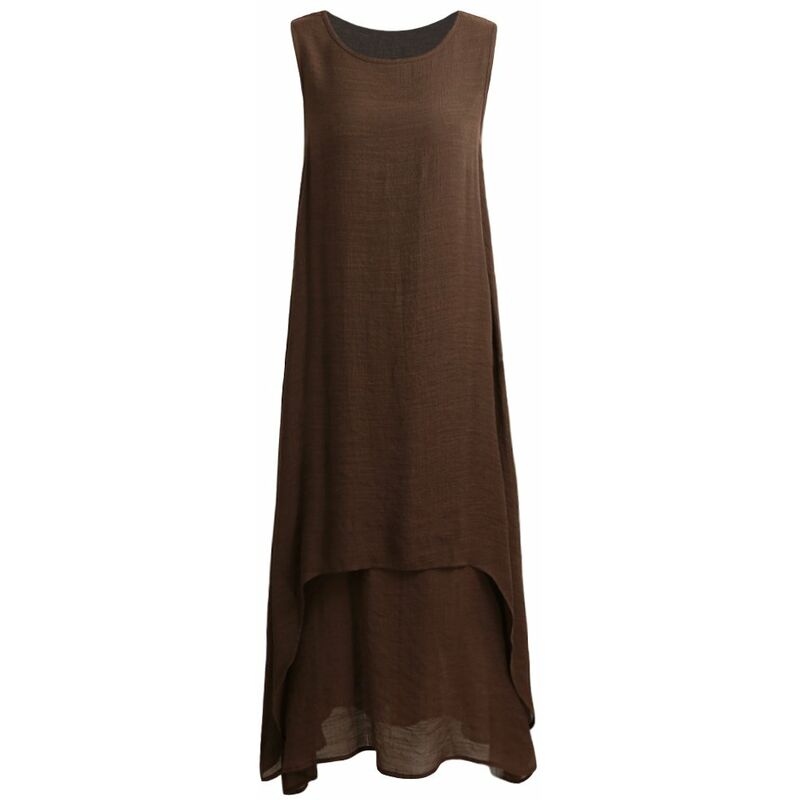 

Casual Retro Mujer Vestido suelto Solido Sin mangas O-cuello Bolsillos Boho Vestido largo Maxi Vestidos Tallas grandes,Cafe, M