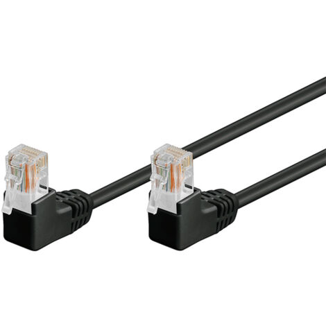 CAT 5e Câble Patch 2x 90° Coudé, U/UTP, noir, 3 m, conducteur en aluminium plaqué cuivre (CCA), 2x Prise RJ45 90° (8P8C). Longueur de câble 3 m