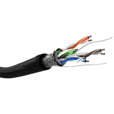 CAT 5e câble réseau Outdoor, F/UTP, noir, mélange de cuivre CCA pour applications SOHO, AWG 26/7 (stranded), PE. Longueur de câble 100 m