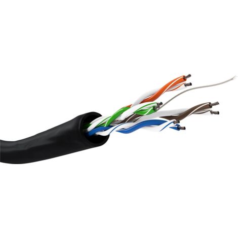 CAT 5e Outdoor Netzwerkkabel, U/UTP, schwarz, Kupferkaschierter Aluminiumleiter (CCA), AWG 26/7 (stranded), Polyethylen-Kabelmantel (PE). Kabellänge 100 m