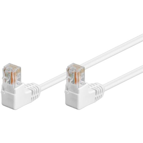 CAT 5e Patchkabel 2x 90° gewinkelt, U/UTP, weiß, Kupferkaschierter Aluminiumleiter (CCA), 2x RJ45-Stecker 90° (8P8C). Kabellänge 0.25 m