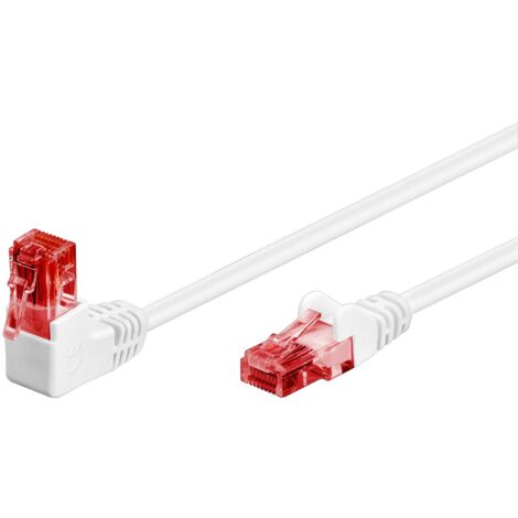 CAT 6 Câble Patch 1x 90° Coudé, U/UTP, blanc, conducteur en cuivre (CU), gaine de câble sans halogène (LSZH), taquet d'arrêt en haut. Longueur de câble 1 m