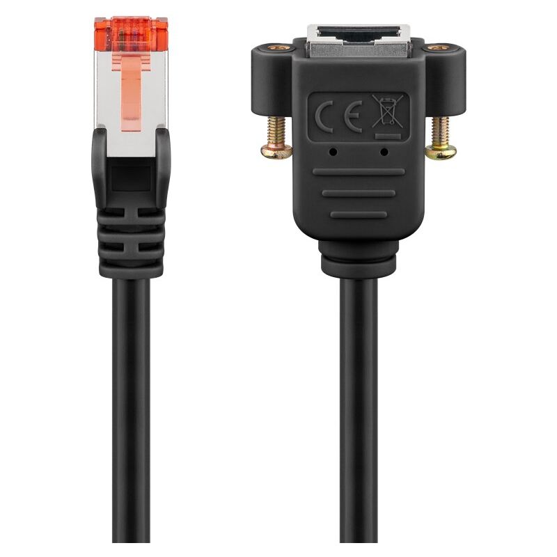 Goobay Cat 6 Verlängerungskabel, S/ftp (pimf), Schwarz, Kupferleiter (cu), Halogenfreier Kabelmantel (lszh), Mit Montageflansch. Kabellänge 0.5 M