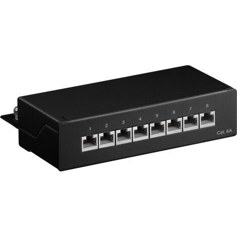 CAT 6a Mini/Desktop Patch Panel, 8 Port, (1 HE), STP geschirmt, schwarz. Farbversion Schwarz