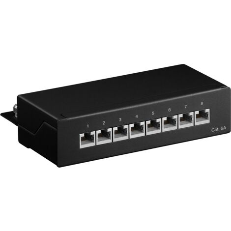 CAT 6a Panneau de Brassage Mini/Bureau, 8 Ports (1 U), STP blindé,noir. Version couleur noir
