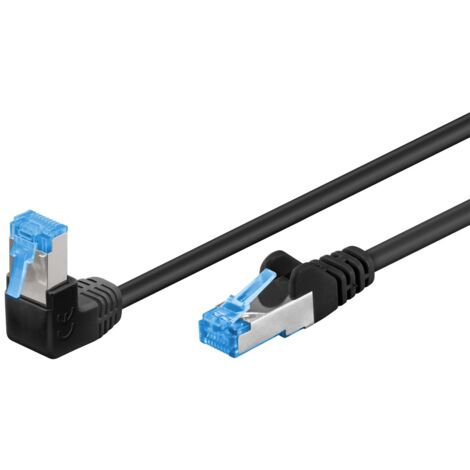 CAT 6A Patchkabel 1x 90° gewinkelt, S/FTP (PiMF), schwarz, 3 m, Kupferleiter (CU), halogenfreier Kabelmantel (LSZH), Rastnase oben. Kabellänge 3 m