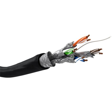 CAT 7 Câble Réseau Outdoor, S/FTP (PiMF), noir, Conducteur en cuivre sans oxygène (OFC), AWG 23/1 (solid), gaine de câble en polyéthylène (PE). Longueur de câble 50 m