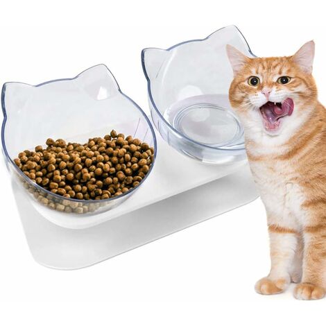 Cat Bowl, Tiltable 15° Double Raised Cat Bowl, Anti-Slip & Adjustable Protective Neck Pet Food Bowl, Orthopedic Bowl for Cats and Dogs