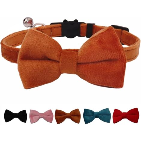 Cat Collar Breakaway with Bell and Removable Bow Tie Safety Buckle Velvet Adjustable 7-11 inches for Kitten Cats (Brown)