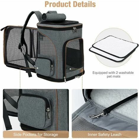 Cat Dog Backpack, Expandable Foldable Cat Dog Carrier Bag for Small Dogs with Internal Safety Leash and 2 Pet Mats, Gray