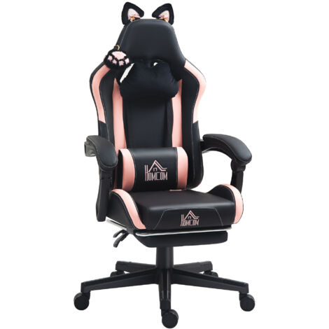 Cat Ear and Paw Reclining Office Chair, with Footrest - Black/Pink