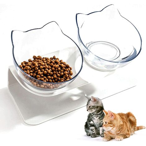 Aqueous Cat Elevated Bowl,Pet Feeding Bowl Raised The Bottom for Cats and Small Dogs ，Cute Cat Face Double Bowl 