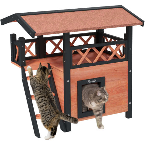 Cat House Outdoor w/ Balcony Stairs Roof, 77 x 50 x 73 cm, Brown
